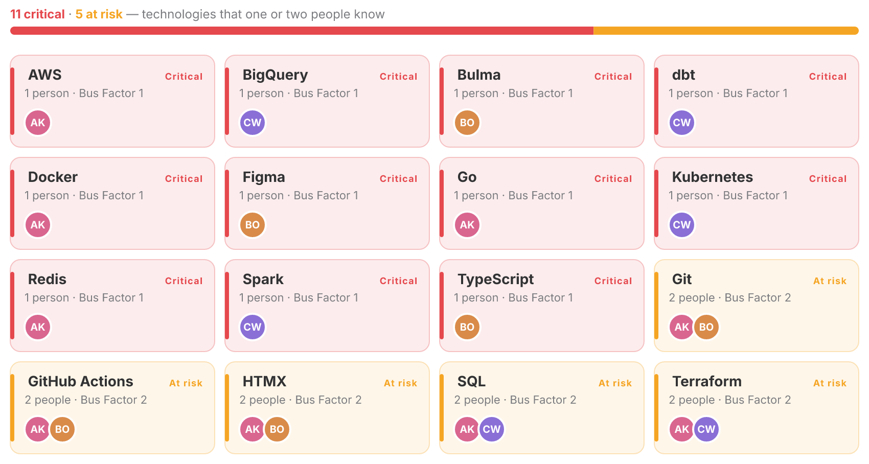 Bus Factor report of a demo team: 11 critical technologies that one person knows, and 5 at risk that two people know