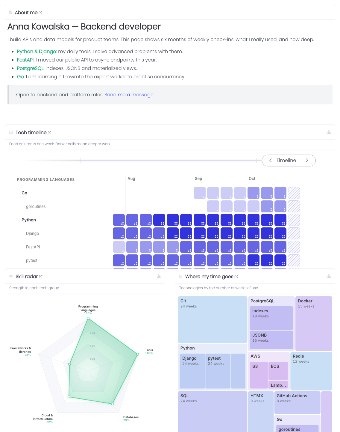 Dashboard of a demo developer with a short note, a technology timeline, a Skill Radar and a Treemap