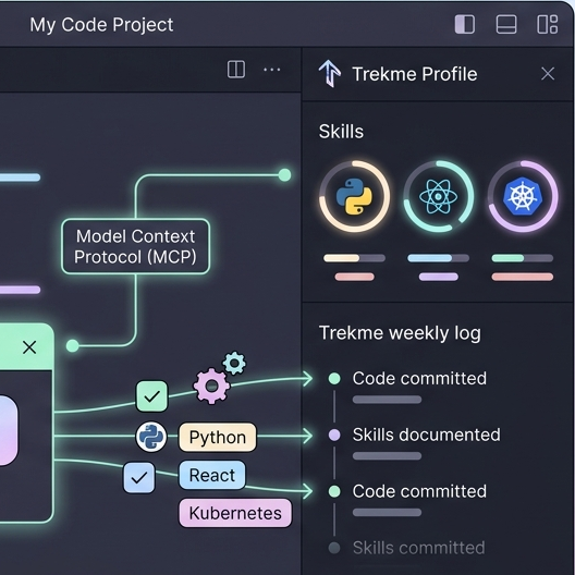 Illustration showing IDE integration with Trekme using MCP, automatically updating your developer profile as you code