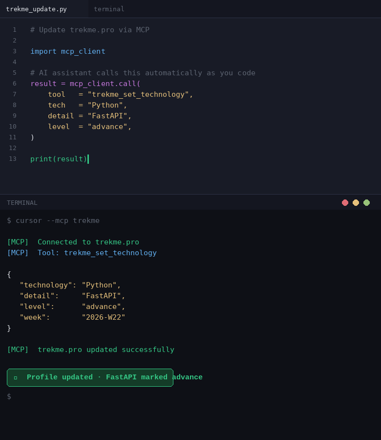 Illustration showing IDE integration with Trekme using MCP, automatically updating your developer profile as you code